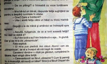 Din inteligența creatoare a manualului de clasa a IV-a: Fă, îți trag vreo două de nu te vezi! Cum de ce? Fin'că-s purtător de puțulică, de aia!